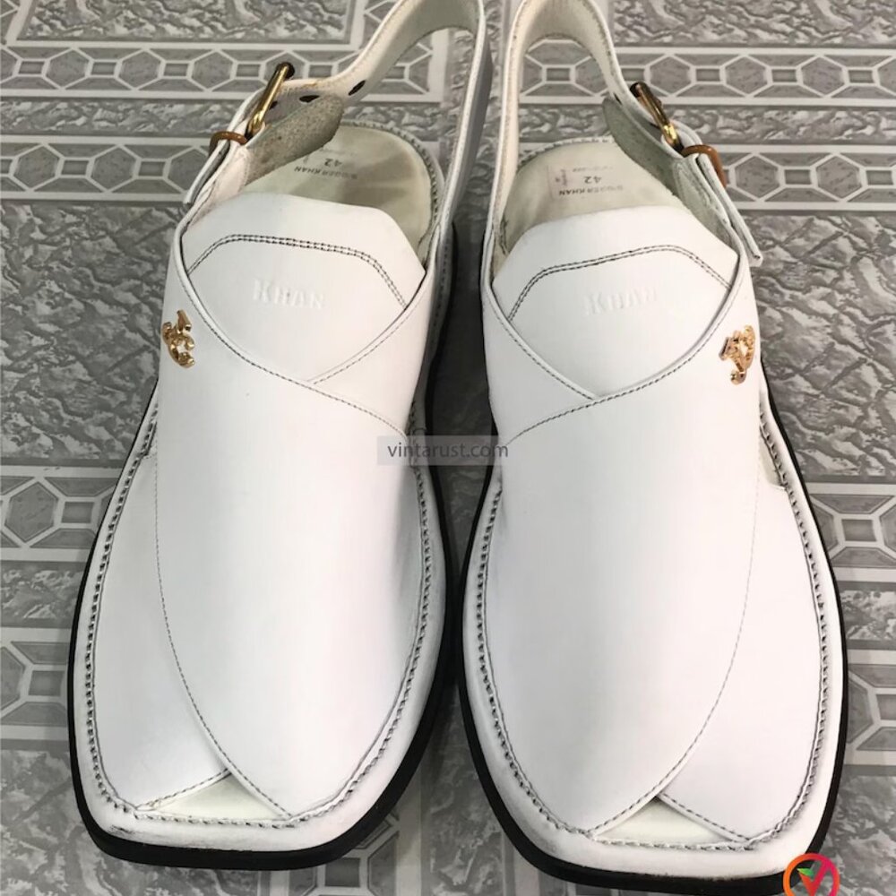 White Leather Peshawari Chappal: Traditional Kaptaan Sandal - Picture 6 of 6